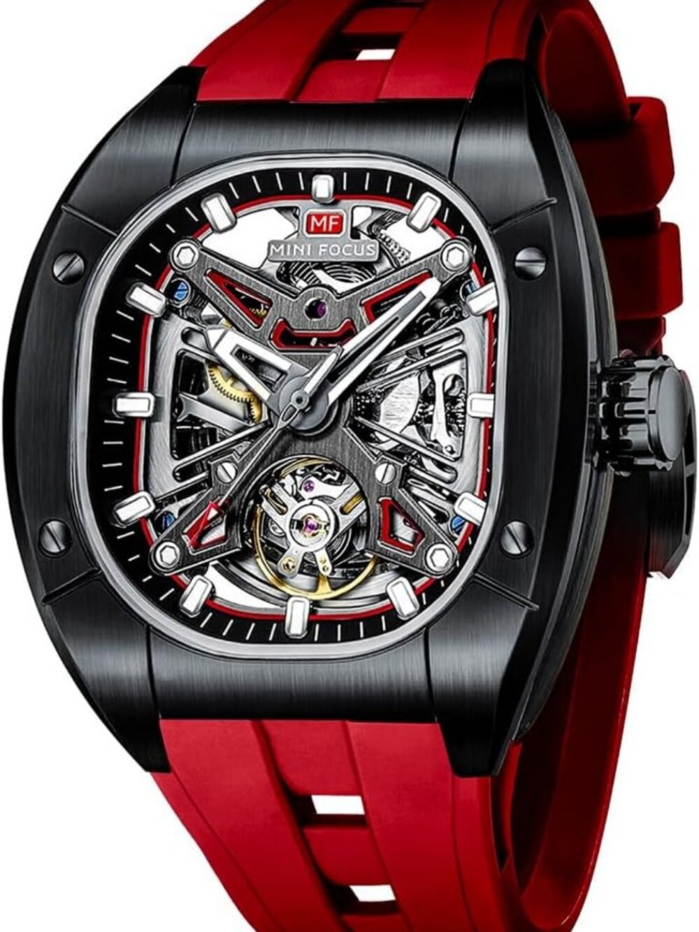 Stylish Automatic Mechanical Men's Watch, Luxury Hollow Tonneau Design, Silicone